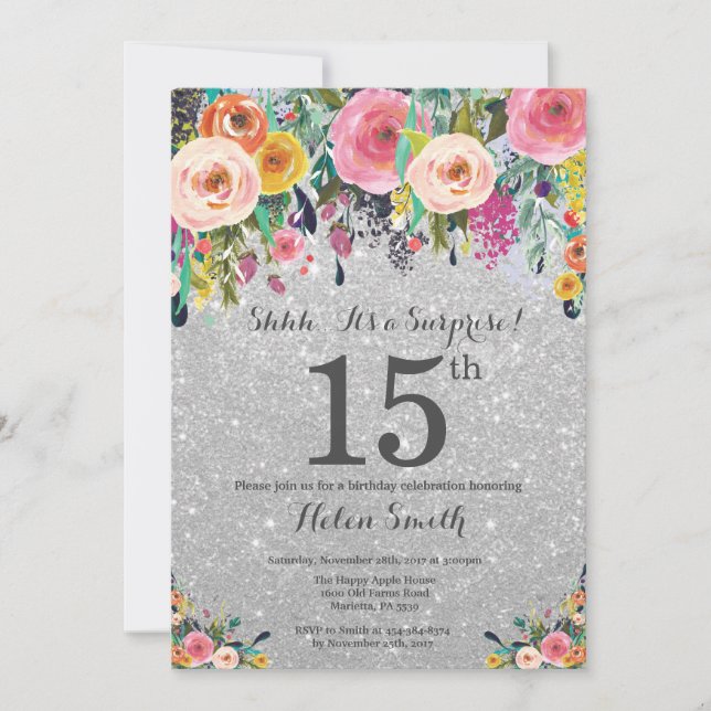 Invitation Parties scintillant d'argent Floral Surprise 15e a (Devant)