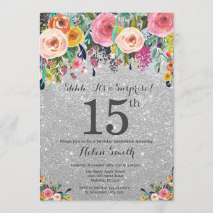 Invitation Parties scintillant d'argent Floral Surprise 15e a