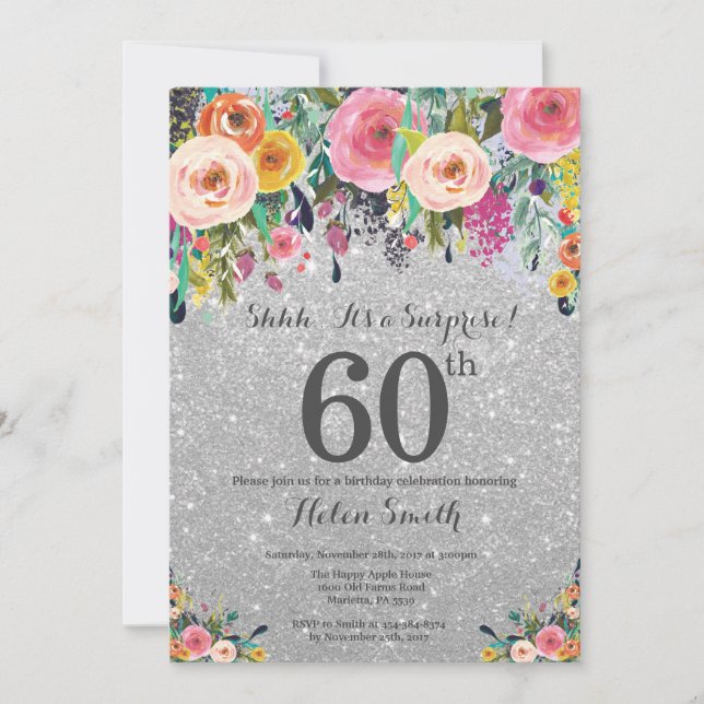 Invitation Parties scintillant d'argent Floral Surprise 60e a (Devant)
