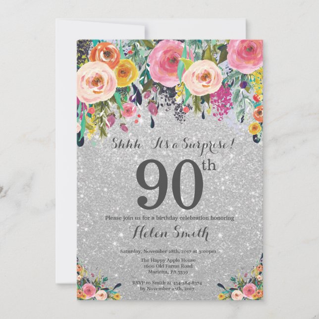 Invitation Parties scintillant d'argent Floral Surprise 90e a (Devant)