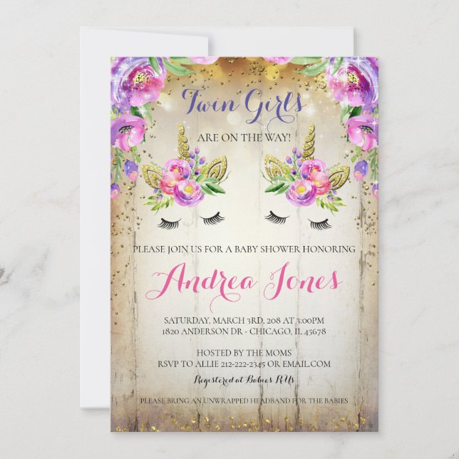 Invitation Parties scintillant d'argent Floral Unicorn Baby s (Devant)
