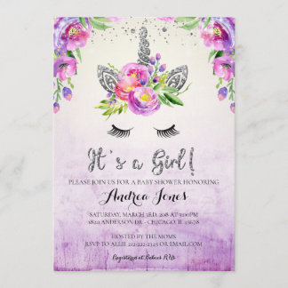 Invitation Parties scintillant d'argent Floral Unicorn Baby s