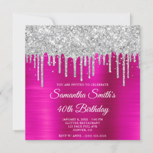 Invitation Parties scintillant d'argent gouttes rose chaud hu