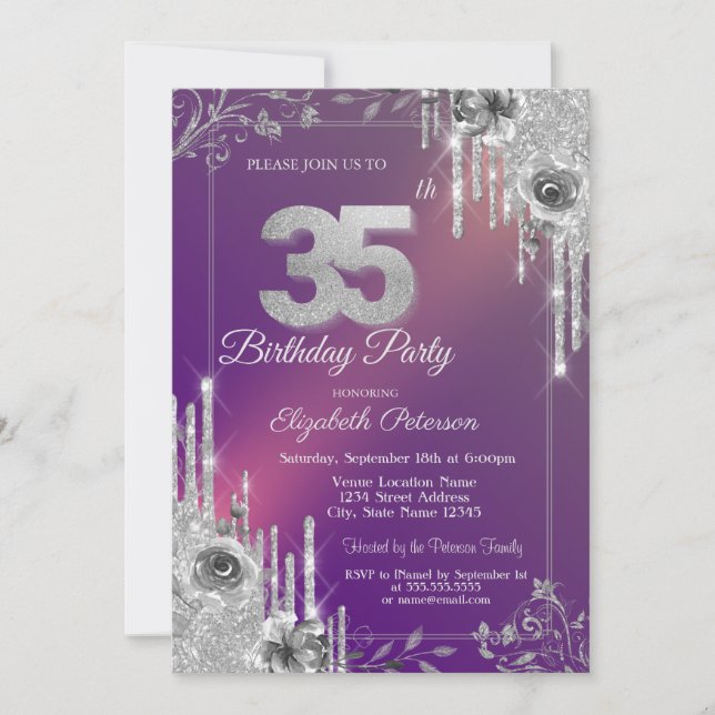 Invitation Parties scintillant d'argent gouttes violet Roses  (Devant)