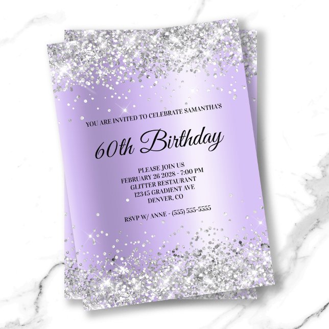 Invitation Parties scintillant d'argent Lavender Satin Foil 6 (Silver Glitter Lavender Satin Foil 60th 65th Birthday Invitation)