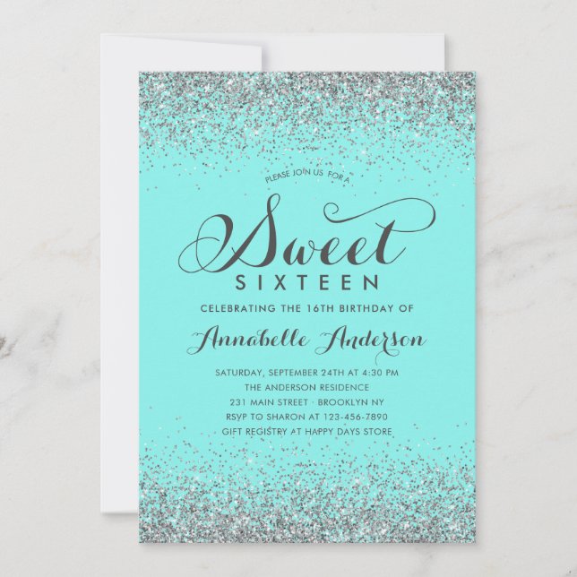 Invitation Parties scintillant d'argent moderne Turquoise fil (Devant)