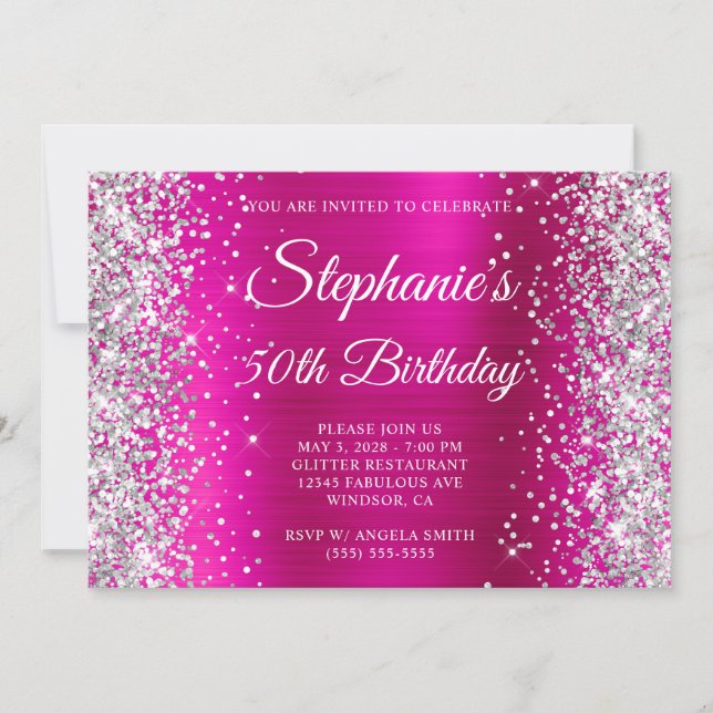 Invitation Parties scintillant d'argent Monogramme rose chaud (Devant)