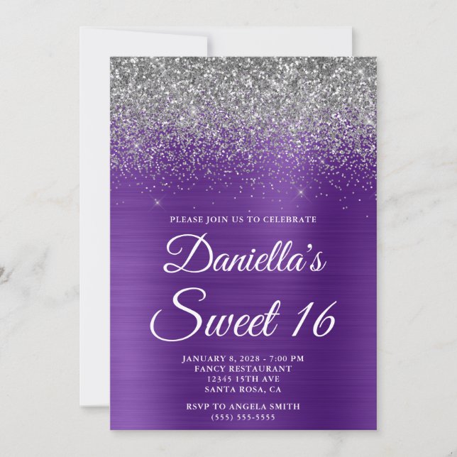 Invitation Parties scintillant d'argent mousseux Royal Purple (Devant)