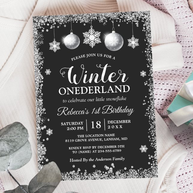 Invitation Parties scintillant d'argent Noël ONEderland fête  (Créateur téléchargé)