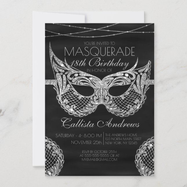 Invitation Parties scintillant d'argent noir Dentelle Masquer (Devant)