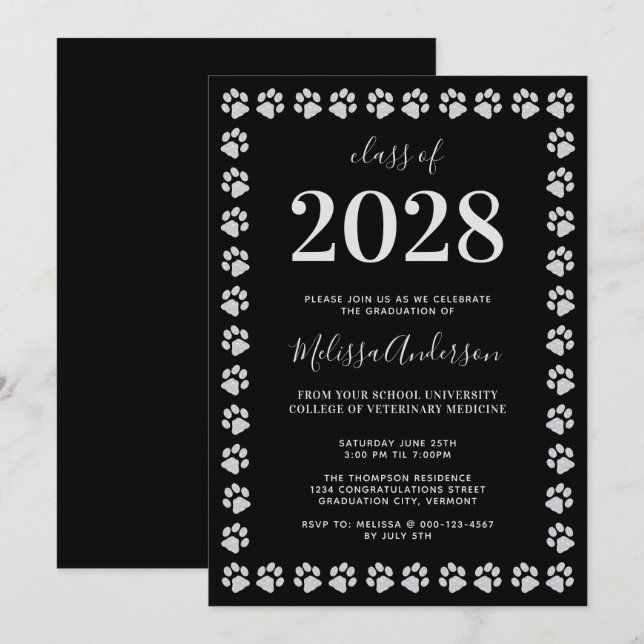 Invitation Parties scintillant d'argent noir Empreintes de pa (Devant / Derrière)