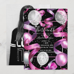 Invitation Parties scintillant d'argent noir rose 13e anniver