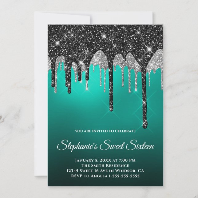 Invitation Parties scintillant d'argent noir Turquoise Turquo (Devant)