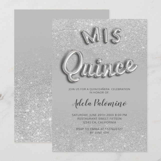 Invitation parties scintillant d'argent ombre ballons gris Qu (Devant / Derrière)