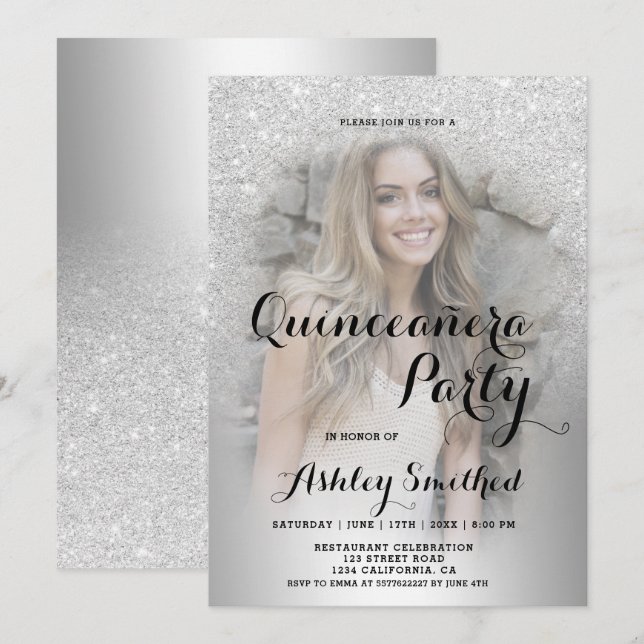 Invitation Parties scintillant d'argent ombre photo métalliqu (Devant / Derrière)