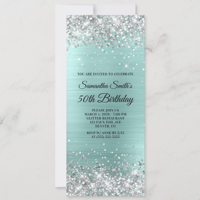 Invitation Parties scintillant d'argent Pale Turquoise Foil 5 (Devant)