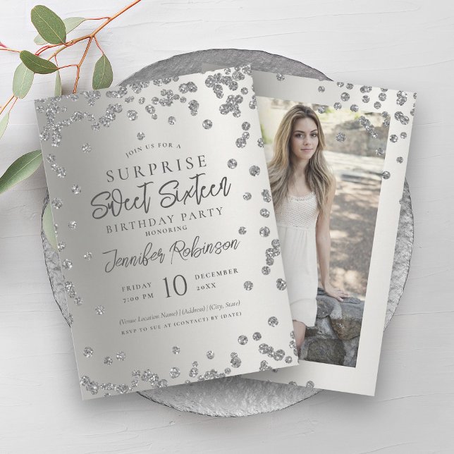 Invitation Parties scintillant d'argent photo SURPRISE Sweet  (Silver Glitter Photo SURPRISE Sweet 16 Invitation)