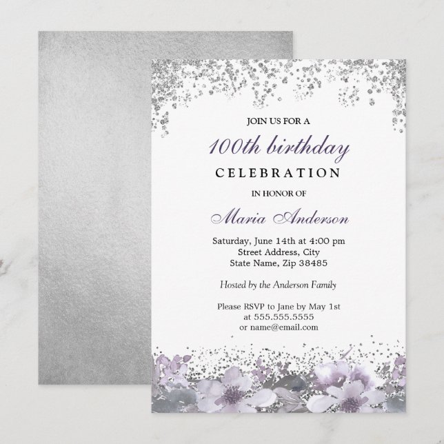 Invitation Parties scintillant d'argent Purple Floral 100e an (Devant / Derrière)