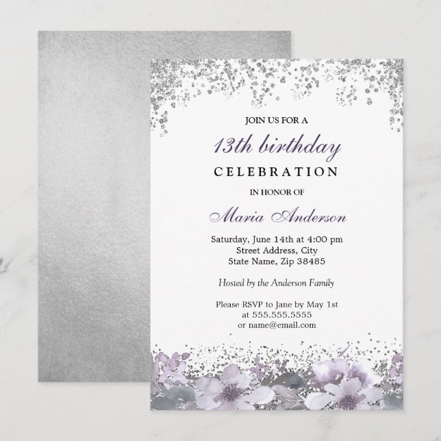 Invitation Parties scintillant d'argent Purple Floral 13e ann (Devant / Derrière)