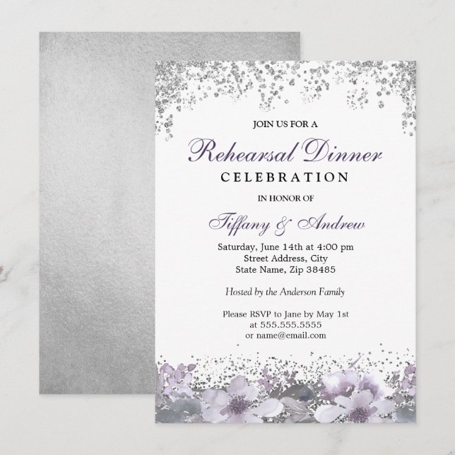 Invitation Parties scintillant d'argent Purple Floral Dîner d (Devant / Derrière)