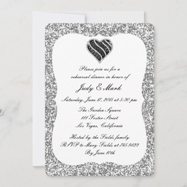 Invitation Parties scintillant d'argent Repétition de coeur n (Devant)