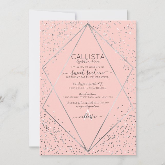 Invitation Parties scintillant d'argent rose Confetti Terrari (Devant)