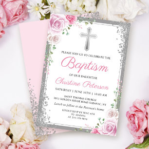 Invitation Parties scintillant d'argent rose floral fille Bap