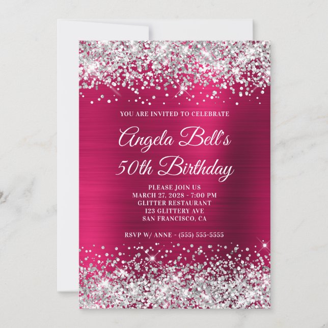 Invitation Parties scintillant d'argent rose foncé huile 50e  (Devant)