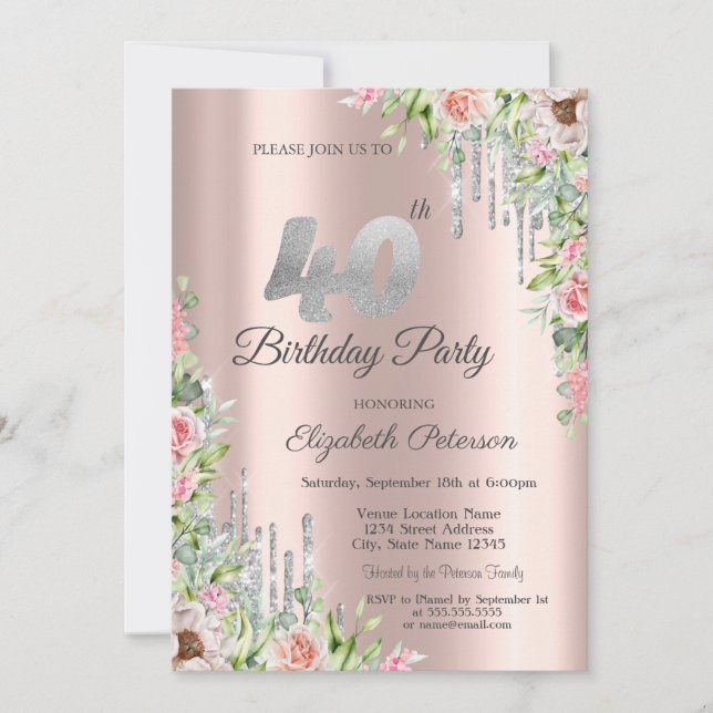 Invitation Parties scintillant d'argent Rose Gold Roses 40e (Devant)