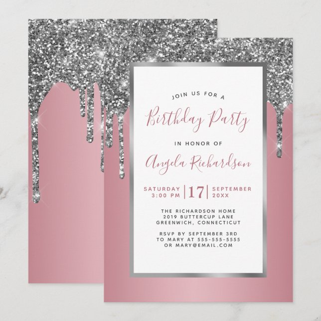 Invitation Parties scintillant d'argent Rose or étincelle fêt (Devant / Derrière)