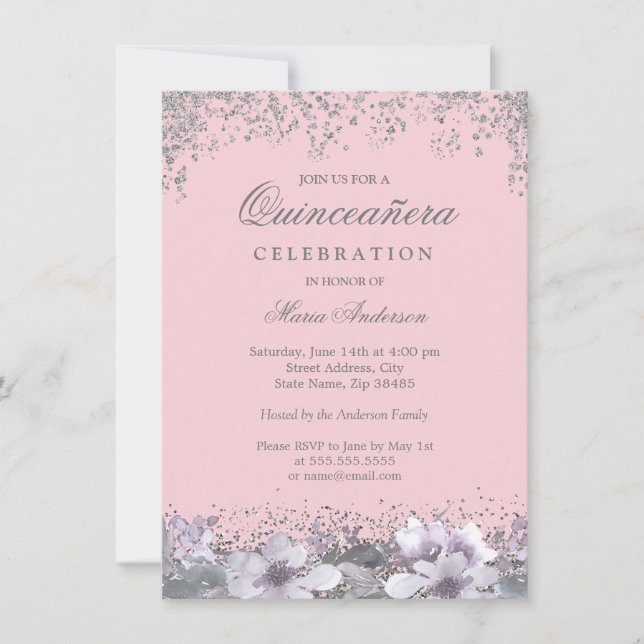Invitation Parties scintillant d'argent rose Quinceanera à fl (Devant)