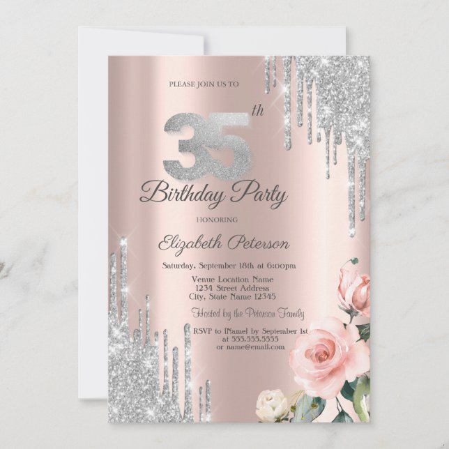 Invitation Parties scintillant d'argent Rose Rose Gold 35e (Devant)