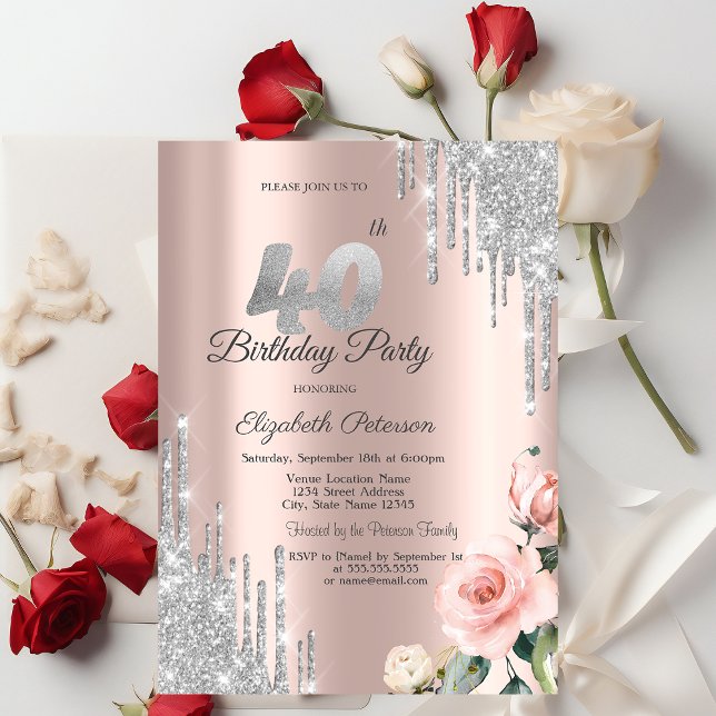 Invitation Parties scintillant d'argent Rose Rose Gold 40e (Créateur téléchargé)
