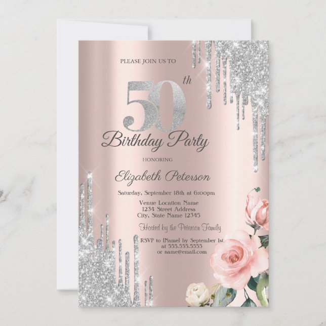 Invitation Parties scintillant d'argent Rose Rose Gold 50e (Devant)