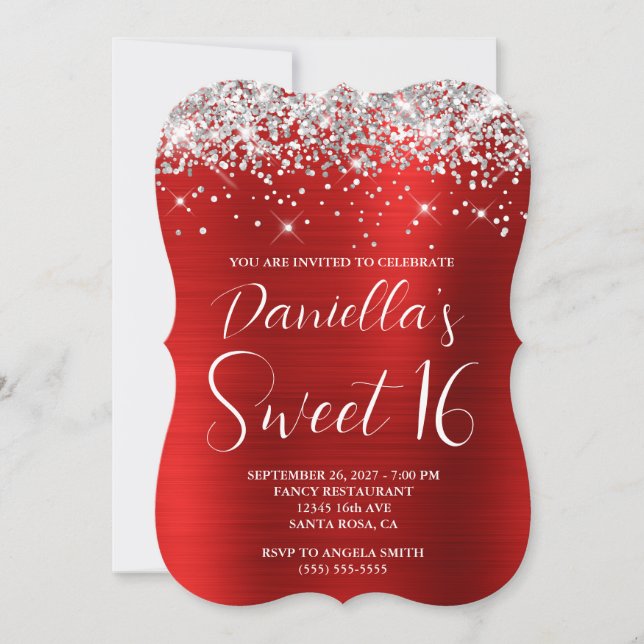 Invitation Parties scintillant d'argent Rouge Glam Sweet 16 (Devant)
