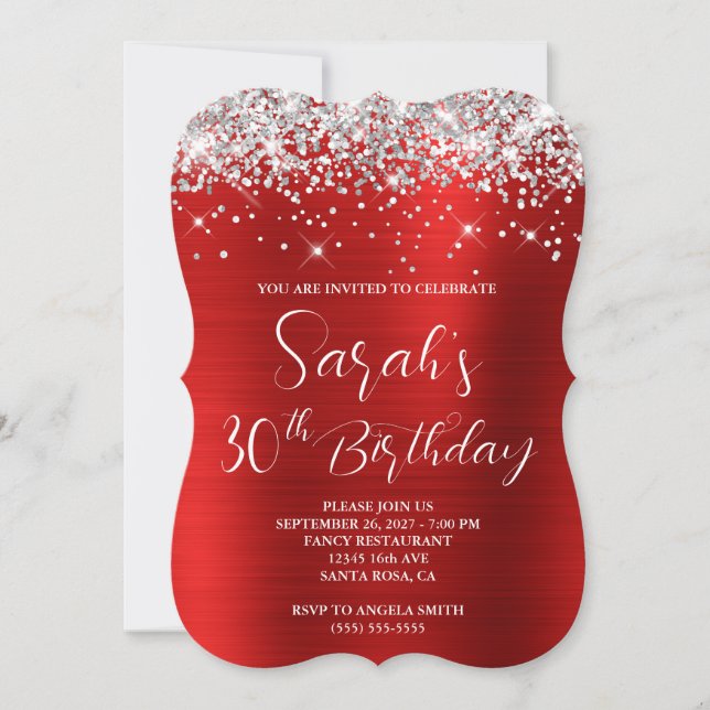 Invitation Parties scintillant d'argent Rouge Luxueux 30e ann (Devant)