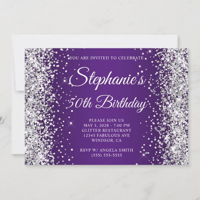 Invitation Parties scintillant d'argent Royal violet Monogram (Devant)