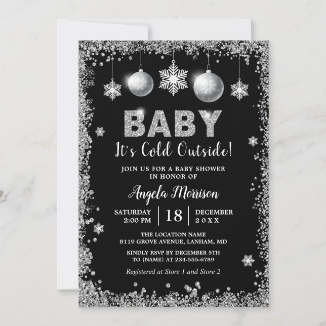 Invitation Parties scintillant d'argent Snowflakes Baby Il fa (Devant)