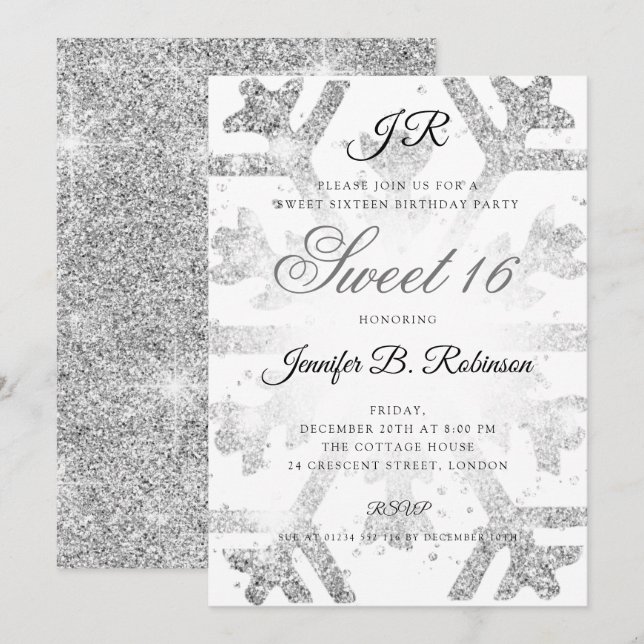 Invitation Parties scintillant d'argent Sweet d'hiver 16 Anni (Devant / Derrière)