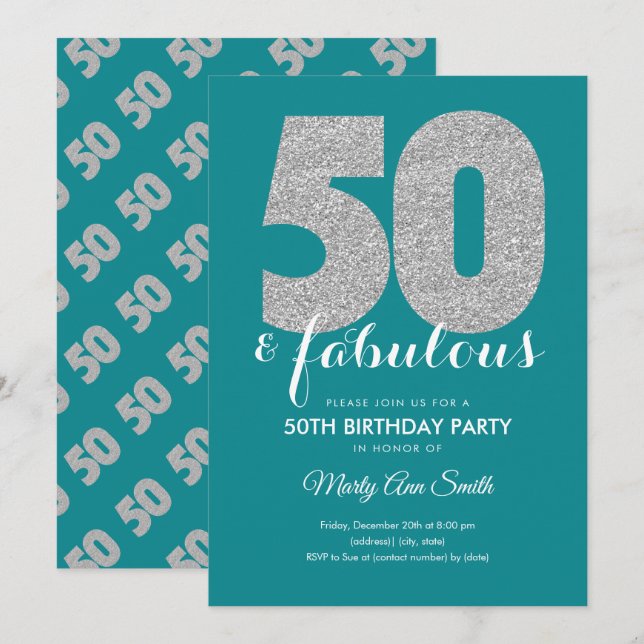 Invitation Parties scintillant d'argent Turquoise 50 et fête  (Devant / Derrière)