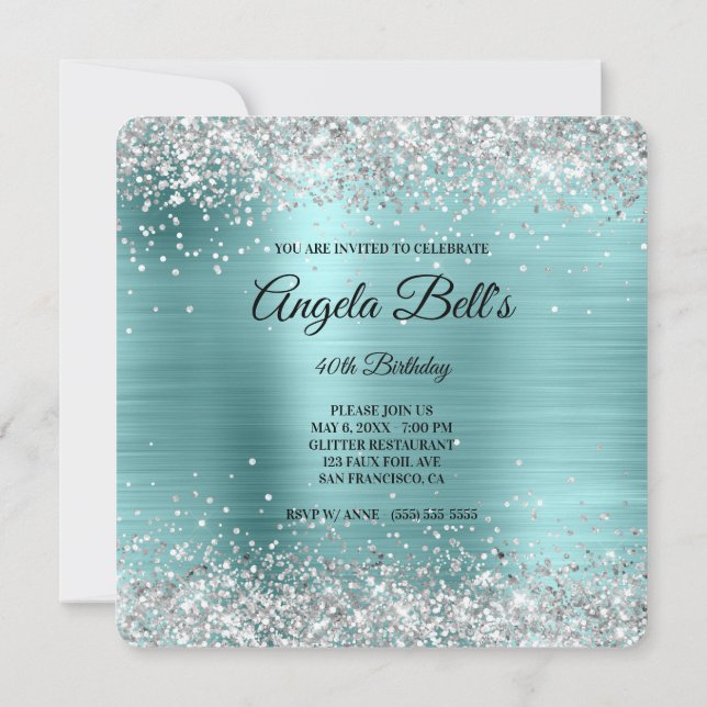 Invitation Parties scintillant d'argent Turquoise Foil Fancy  (Dos)