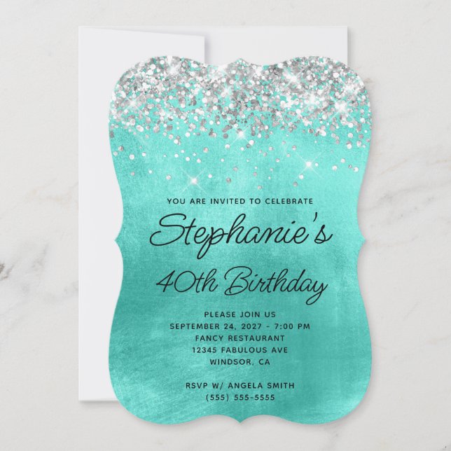Invitation Parties scintillant d'argent Turquoise Monogramme  (Devant)
