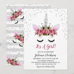 Invitation Parties scintillant d'argent Unicorn Princess Baby