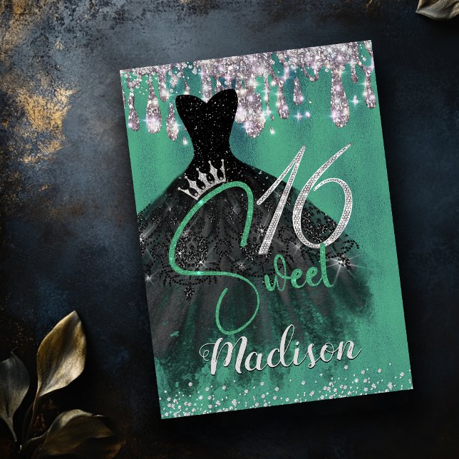 Invitation Parties scintillant d'argent vert chic gouttes dou (Créateur téléchargé)