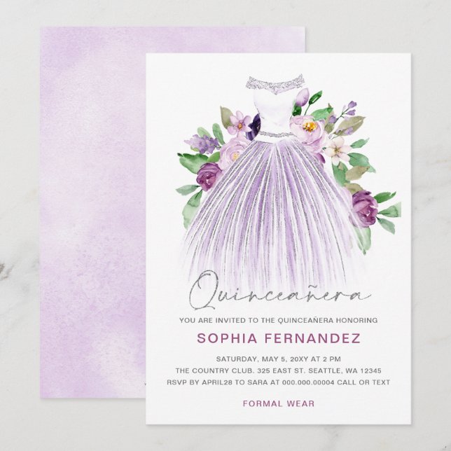 Invitation Parties scintillant d'argent violet robe florale Q (Devant / Derrière)