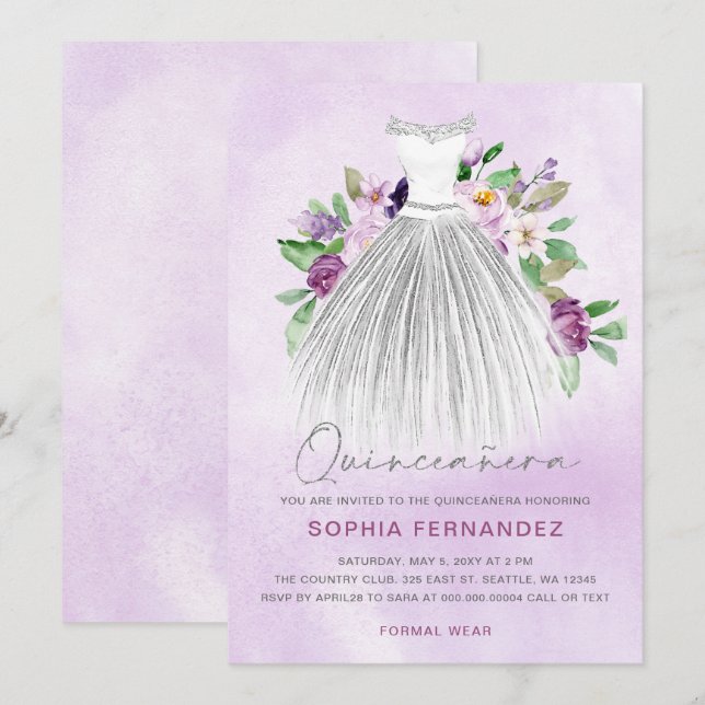 Invitation Parties scintillant d'argent violet robe florale Q (Devant / Derrière)