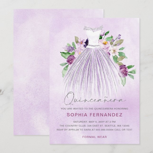 Invitation Parties scintillant d'argent violet robe florale Q (Devant / Derrière)