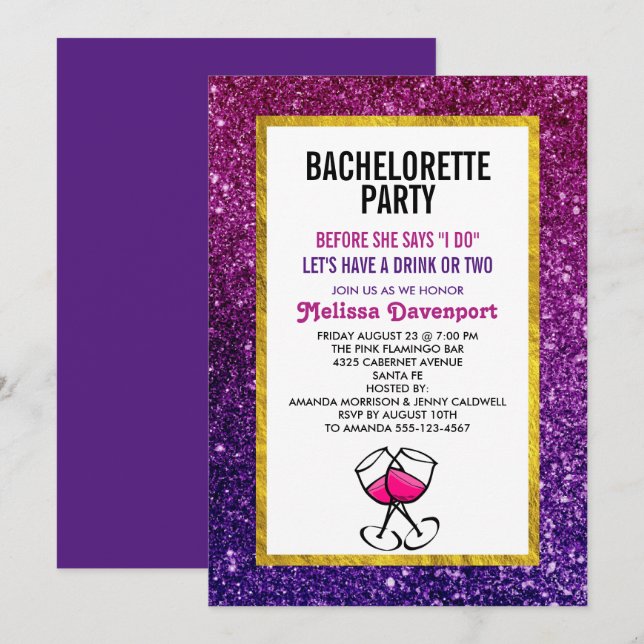 Invitation Parties scintillant de Bachelorette rose et violet (Devant / Derrière)
