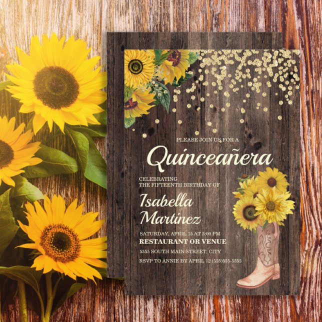 Invitation Parties scintillant de Bottes de tournesol rustiqu (Sunflowers, cowgirl boots, and rustic wood Quinceanera birthday party invitation)