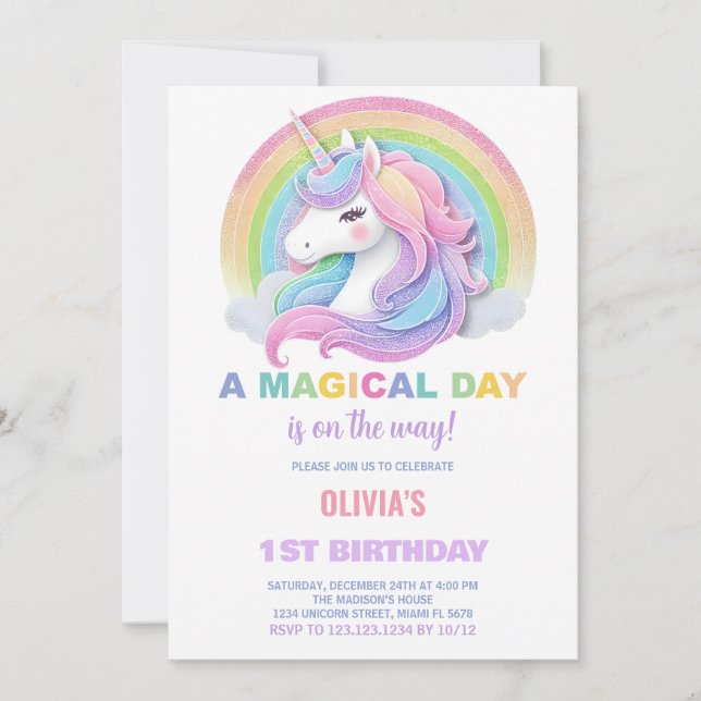 Invitation Parties scintillant de couleur Unicornes Invitatio (Devant)